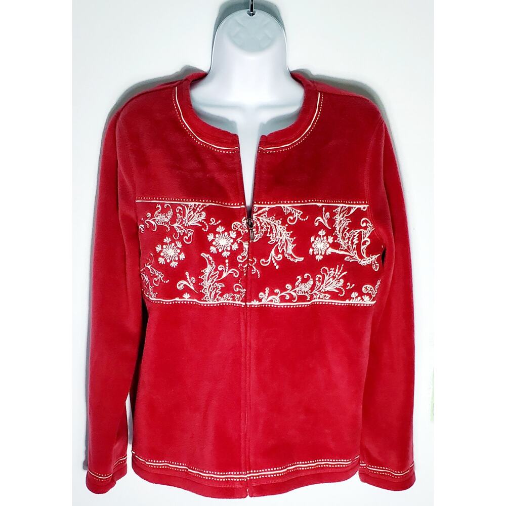 😺Croft & Barrow Womens Whimsicle Red Fleece Zip Up Size Small Boho Xmas In July